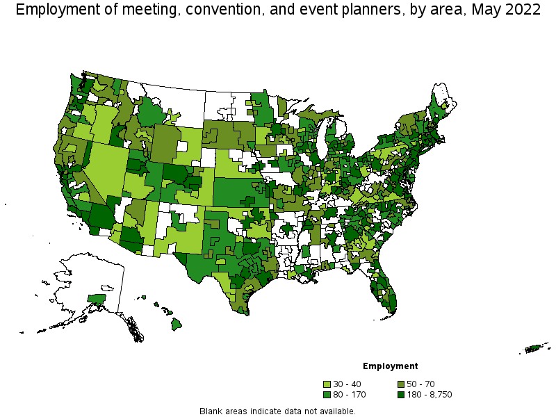 Map of employment of meeting, convention, and event planners by area, May 2022