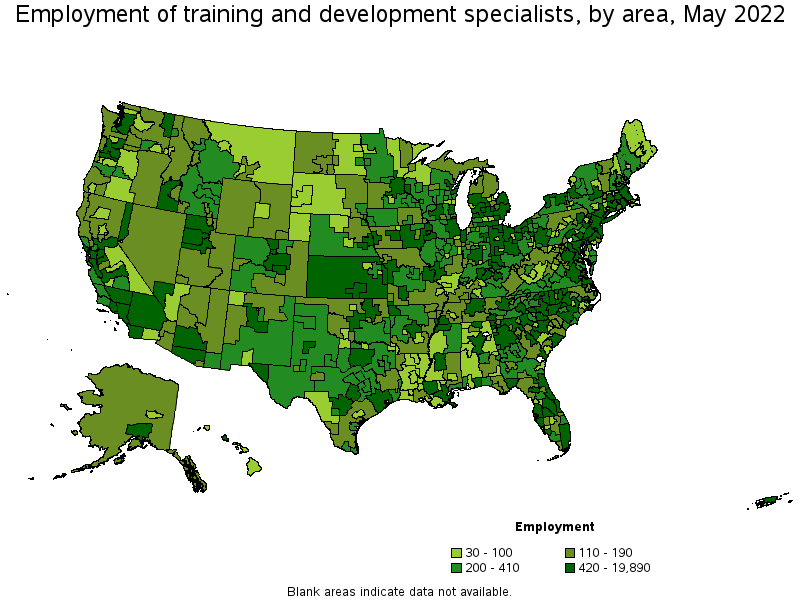 Map of employment of training and development specialists by area, May 2022