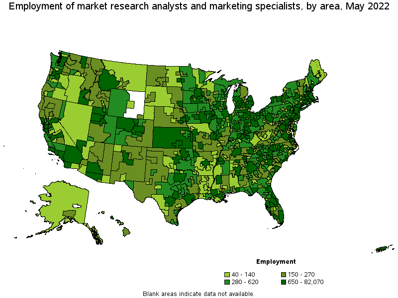 Map of employment of market research analysts and marketing specialists by area, May 2022