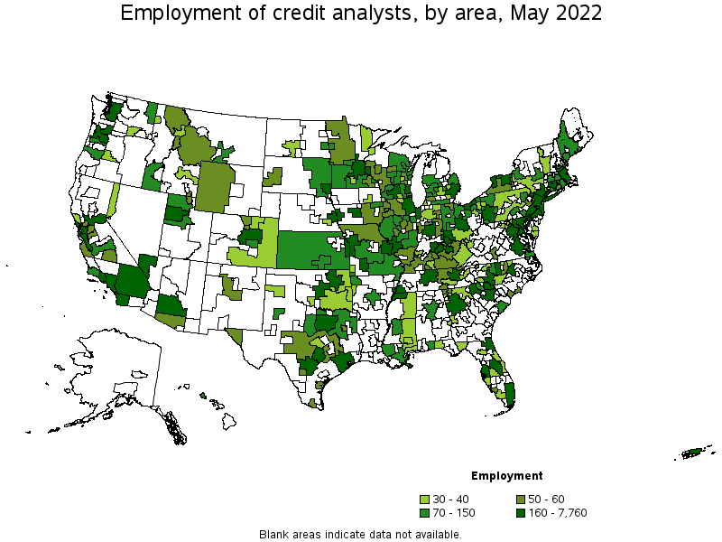 Map of employment of credit analysts by area, May 2022