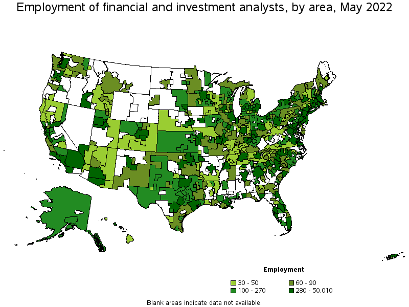 Map of employment of financial and investment analysts by area, May 2022