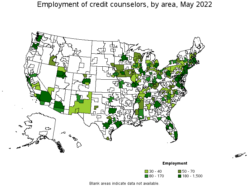 Map of employment of credit counselors by area, May 2022