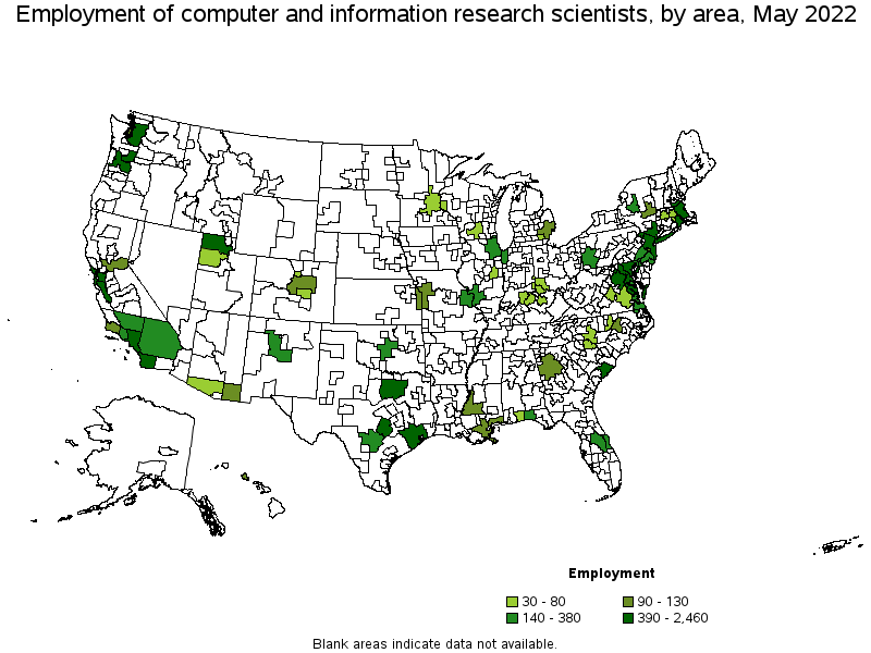 Map of employment of computer and information research scientists by area, May 2022