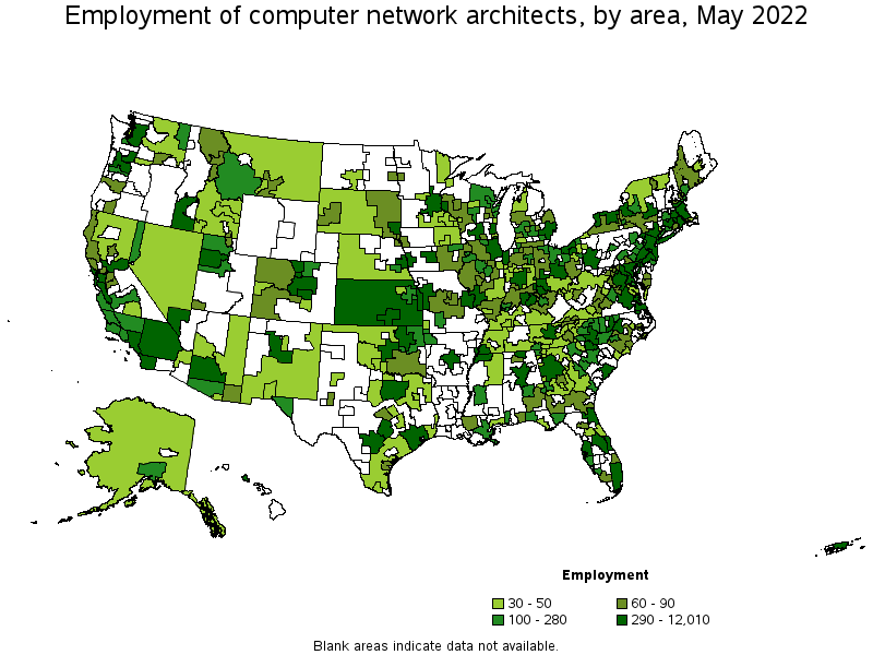 Map of employment of computer network architects by area, May 2022