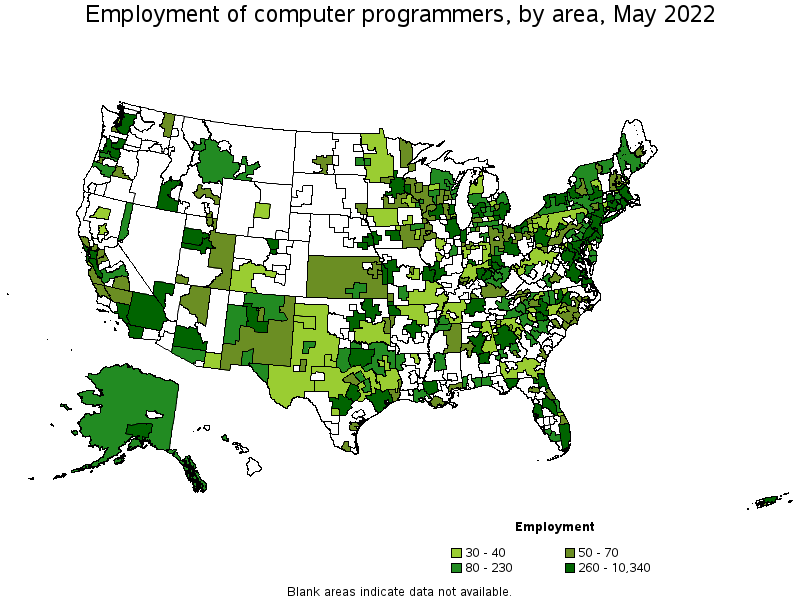 Map of employment of computer programmers by area, May 2022