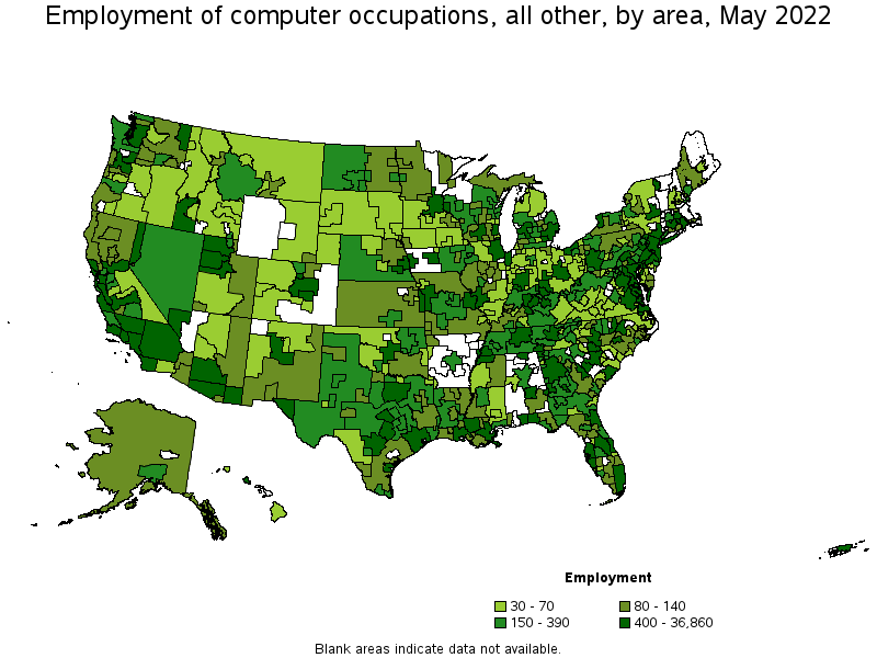 Map of employment of computer occupations, all other by area, May 2022