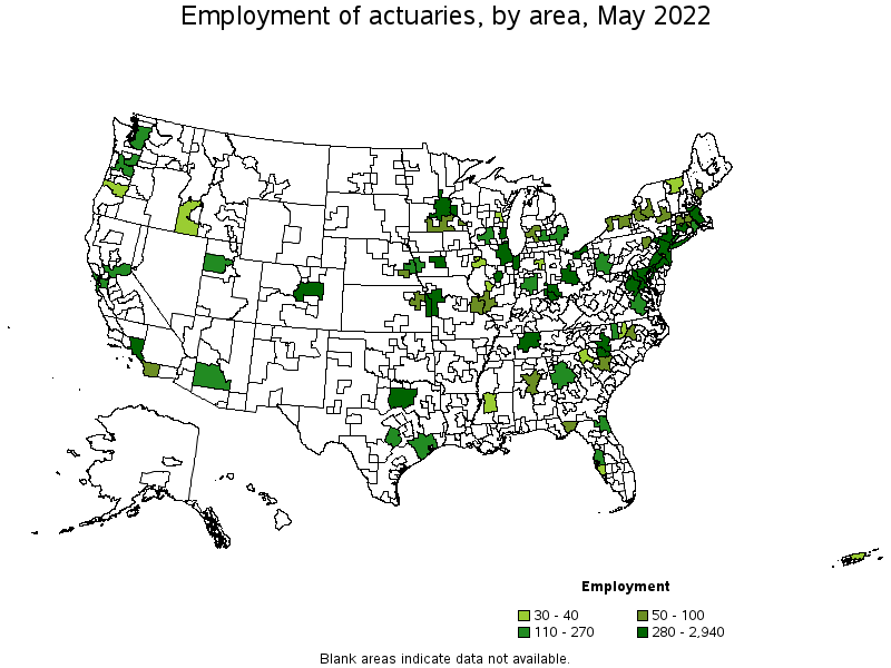 Map of employment of actuaries by area, May 2022