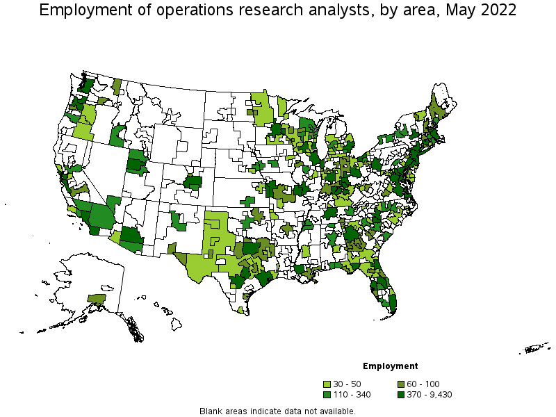 Map of employment of operations research analysts by area, May 2022