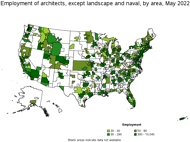 Map of employment of architects, except landscape and naval by area, May 2022