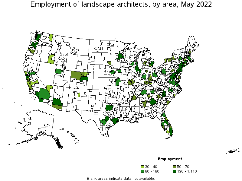 Map of employment of landscape architects by area, May 2022