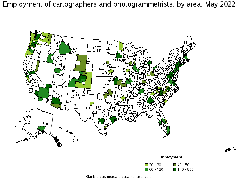 Map of employment of cartographers and photogrammetrists by area, May 2022