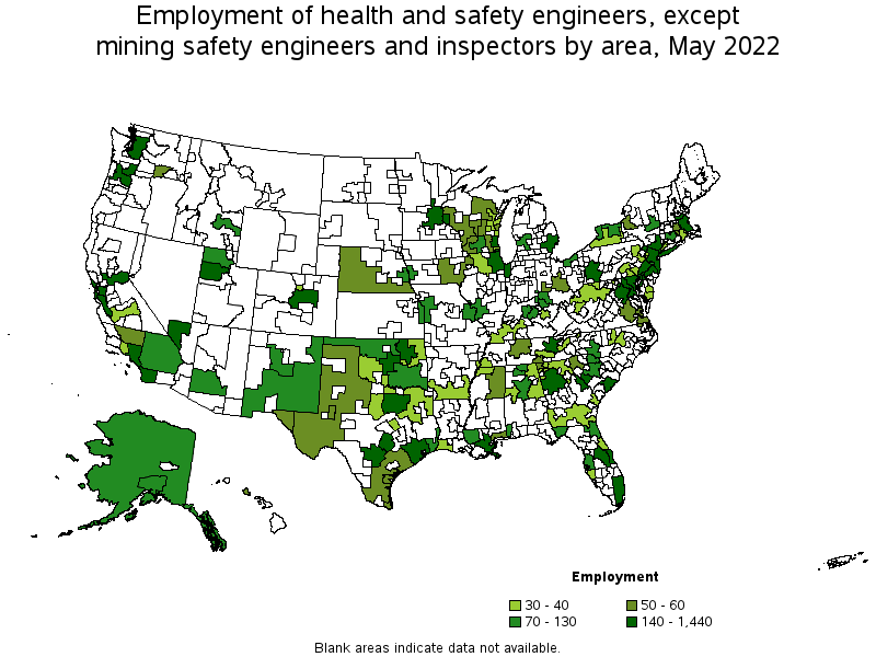 Map of employment of health and safety engineers, except mining safety engineers and inspectors by area, May 2022