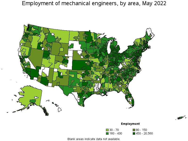 Map of employment of mechanical engineers by area, May 2022