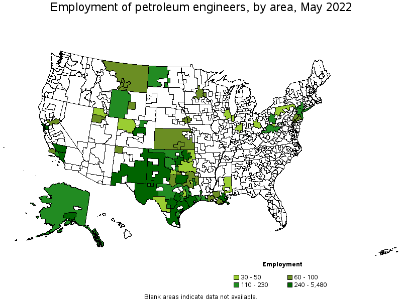 Map of employment of petroleum engineers by area, May 2022