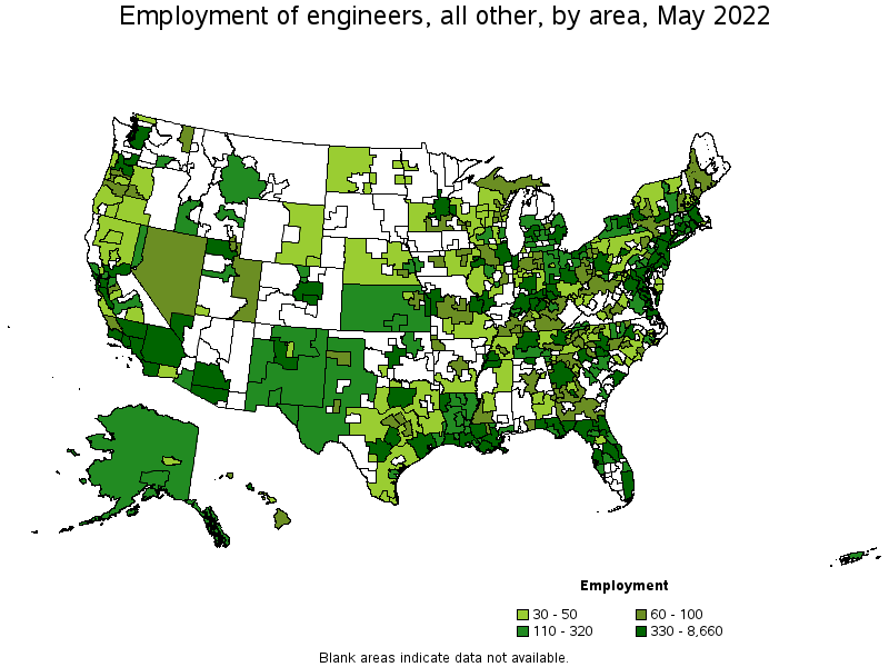 Map of employment of engineers, all other by area, May 2022