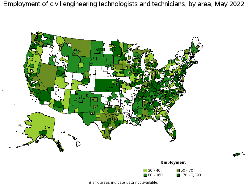 Map of employment of civil engineering technologists and technicians by area, May 2022