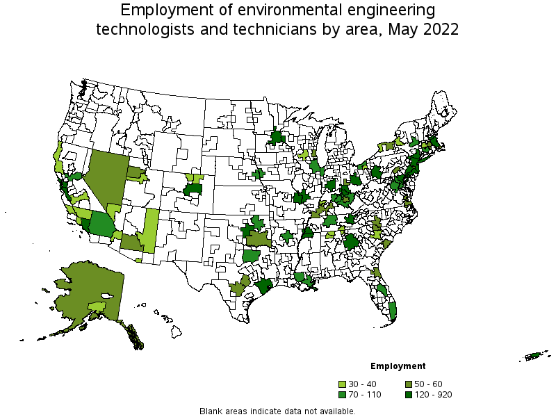 Map of employment of environmental engineering technologists and technicians by area, May 2022