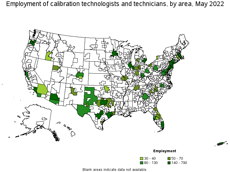 Map of employment of calibration technologists and technicians by area, May 2022