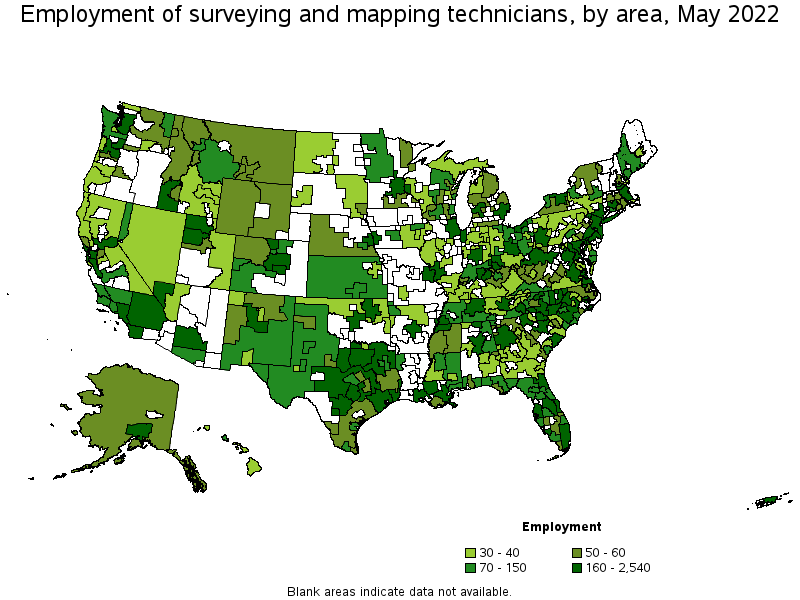 Map of employment of surveying and mapping technicians by area, May 2022