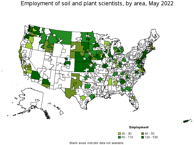 Map of employment of soil and plant scientists by area, May 2022