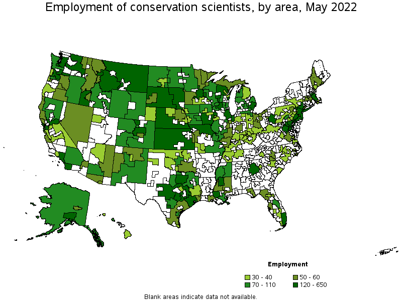 Map of employment of conservation scientists by area, May 2022