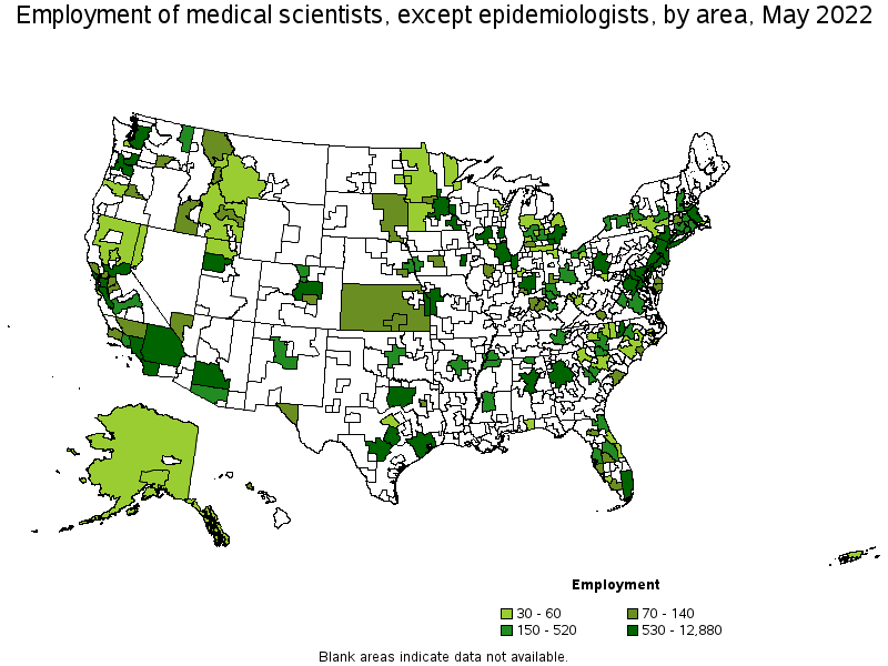 Map of employment of medical scientists, except epidemiologists by area, May 2022