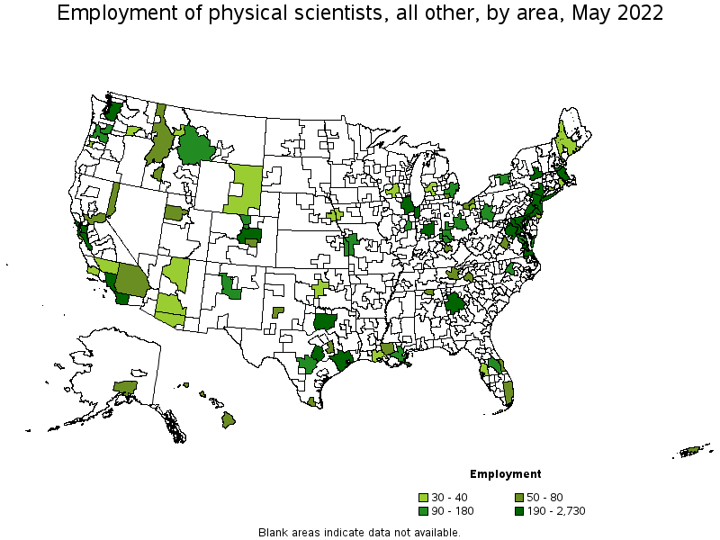 Map of employment of physical scientists, all other by area, May 2022