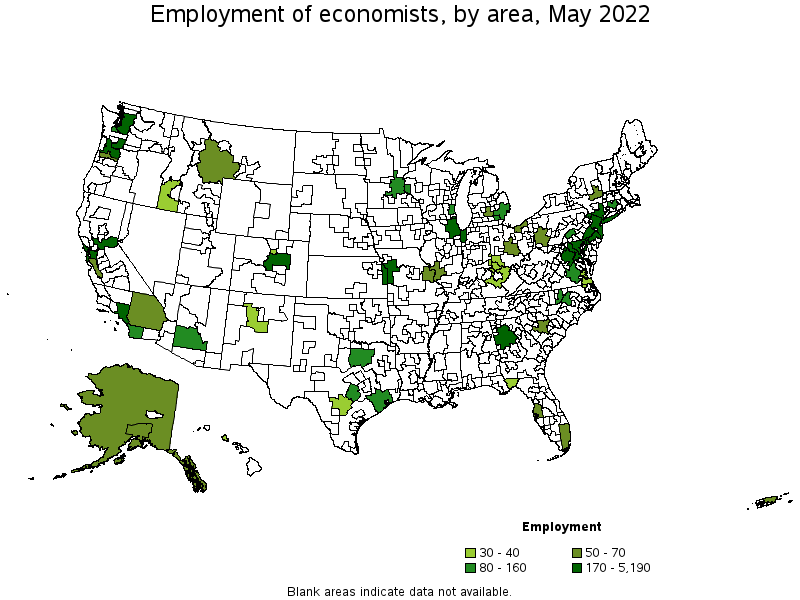 Map of employment of economists by area, May 2022