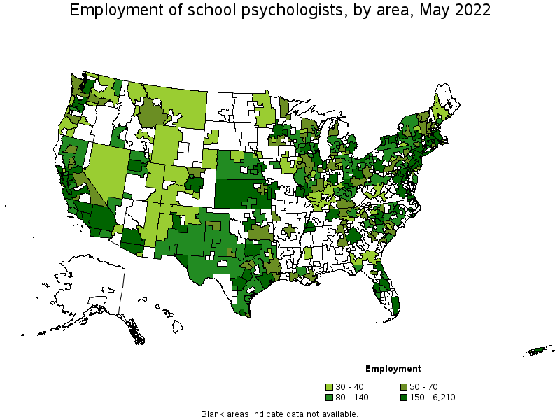 Map of employment of school psychologists by area, May 2022