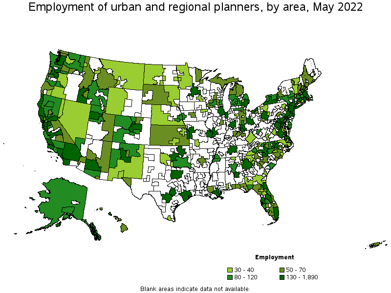 Map of employment of urban and regional planners by area, May 2022