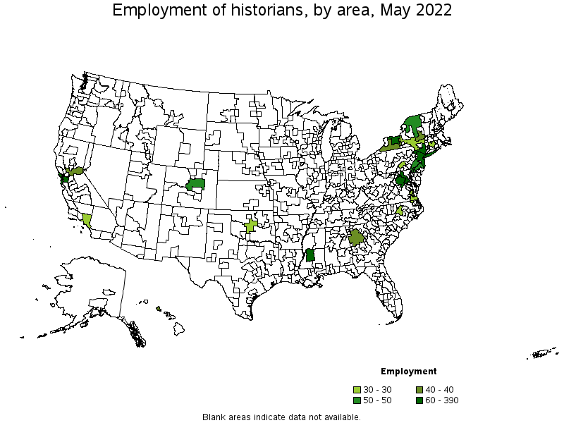 Map of employment of historians by area, May 2022