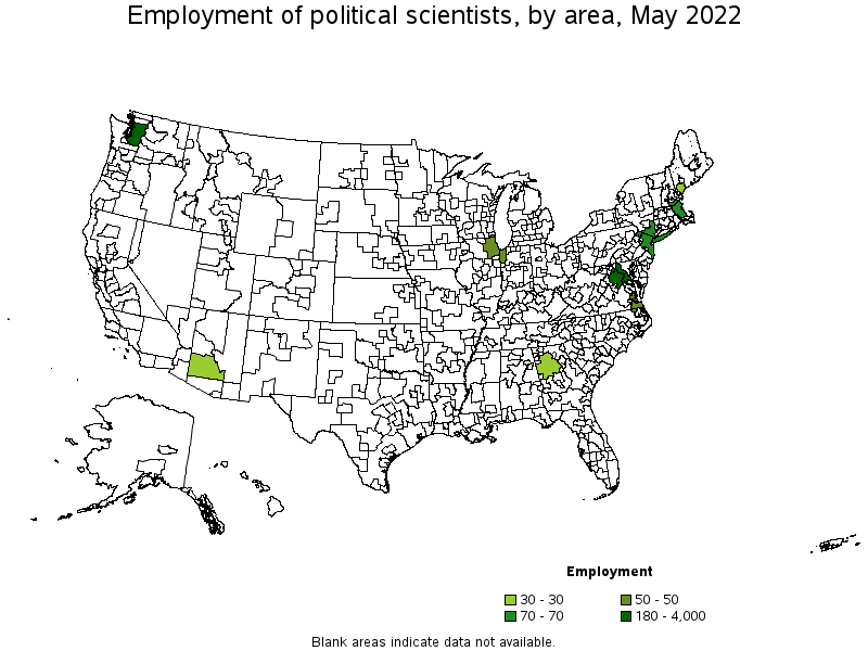 Map of employment of political scientists by area, May 2022