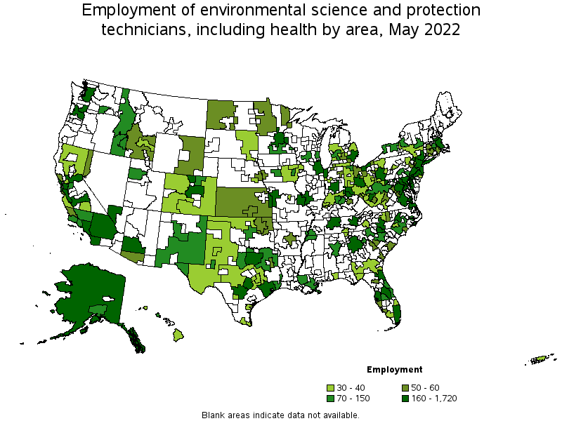 Map of employment of environmental science and protection technicians, including health by area, May 2022