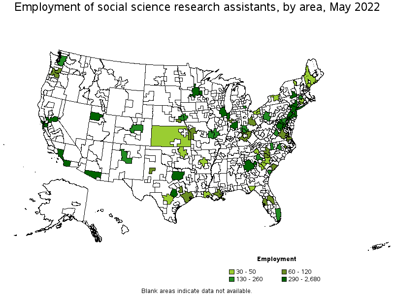 Map of employment of social science research assistants by area, May 2022