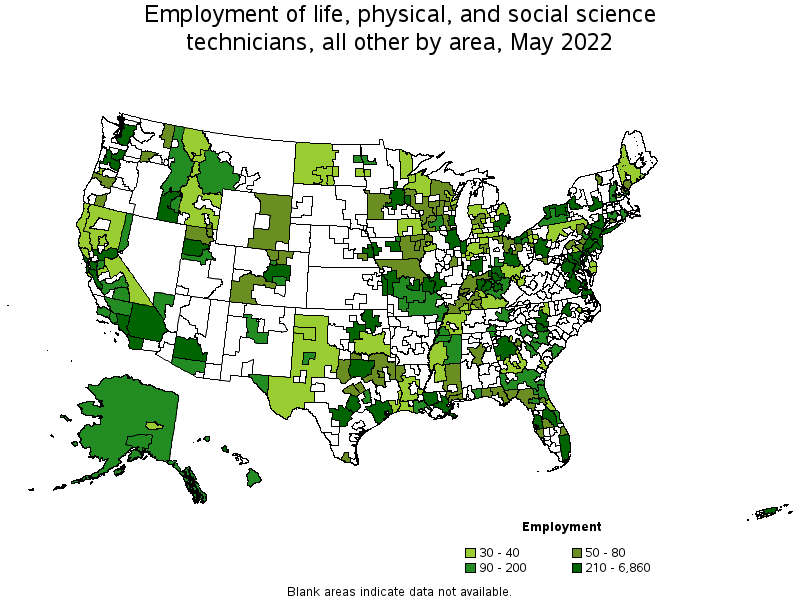 Map of employment of life, physical, and social science technicians, all other by area, May 2022