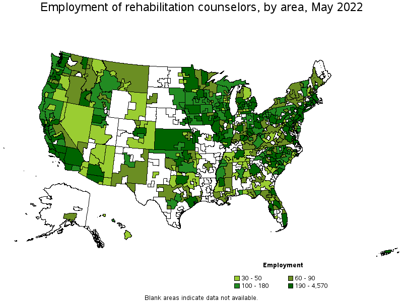 Map of employment of rehabilitation counselors by area, May 2022