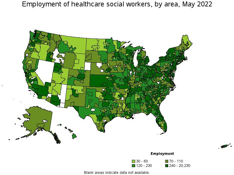 Map of employment of healthcare social workers by area, May 2022