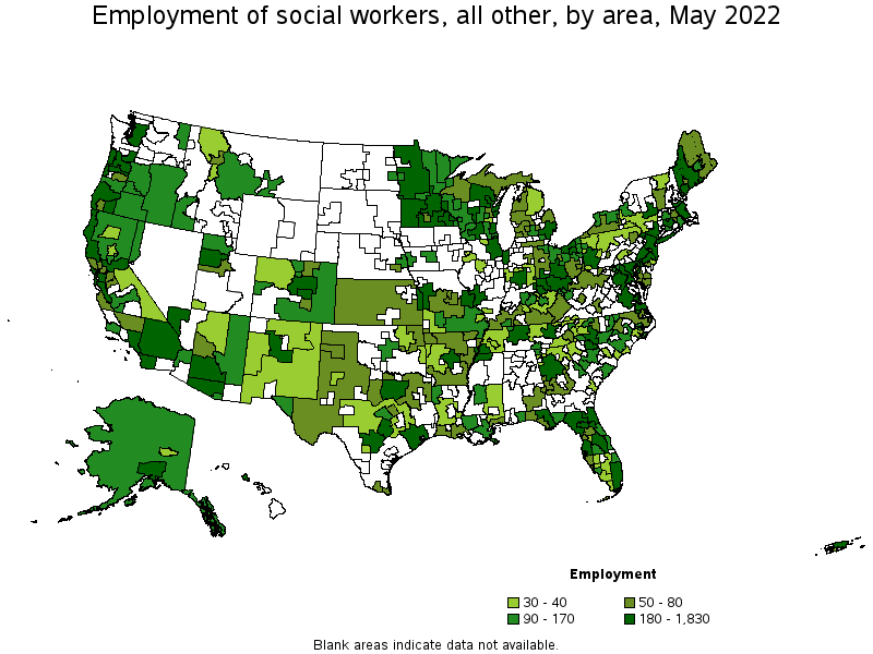 Map of employment of social workers, all other by area, May 2022