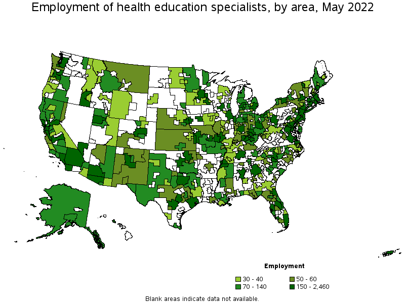 Map of employment of health education specialists by area, May 2022