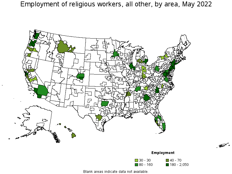 Map of employment of religious workers, all other by area, May 2022