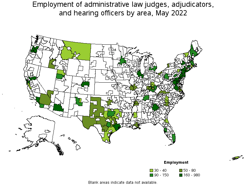 Map of employment of administrative law judges, adjudicators, and hearing officers by area, May 2022