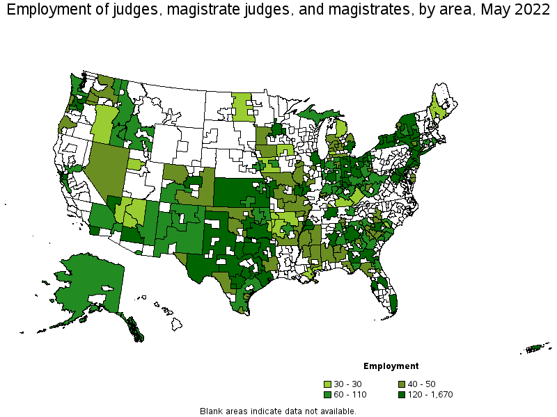 Map of employment of judges, magistrate judges, and magistrates by area, May 2022