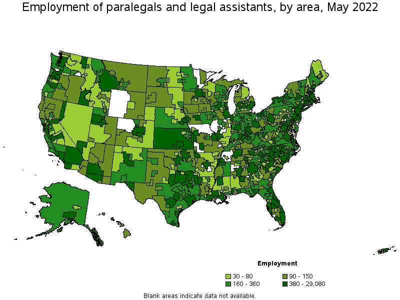 Map of employment of paralegals and legal assistants by area, May 2022