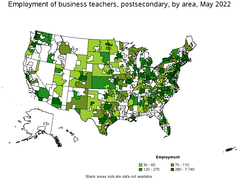 Map of employment of business teachers, postsecondary by area, May 2022