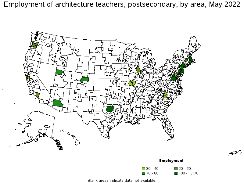 Map of employment of architecture teachers, postsecondary by area, May 2022