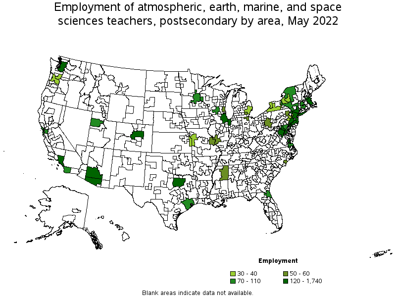 Map of employment of atmospheric, earth, marine, and space sciences teachers, postsecondary by area, May 2022