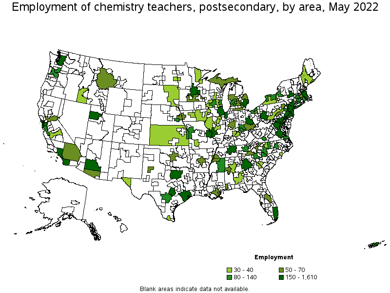 Map of employment of chemistry teachers, postsecondary by area, May 2022