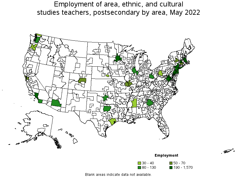 Map of employment of area, ethnic, and cultural studies teachers, postsecondary by area, May 2022