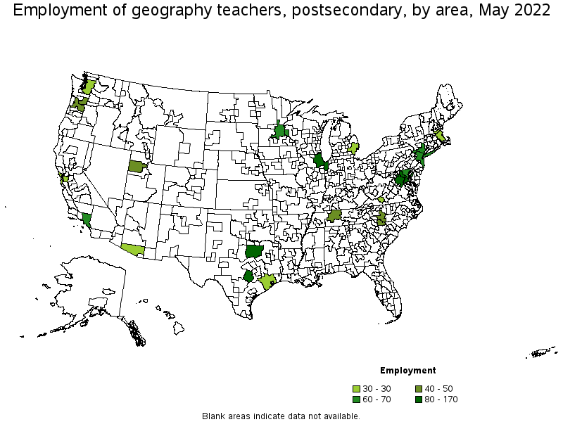 Map of employment of geography teachers, postsecondary by area, May 2022