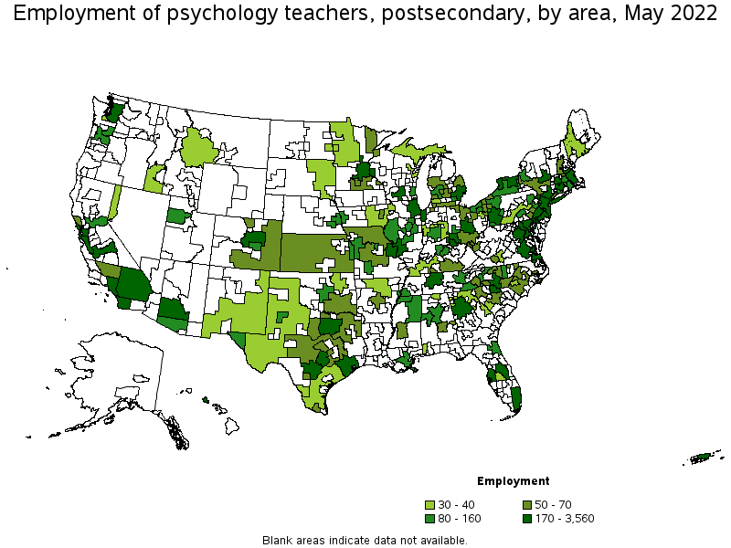 Map of employment of psychology teachers, postsecondary by area, May 2022